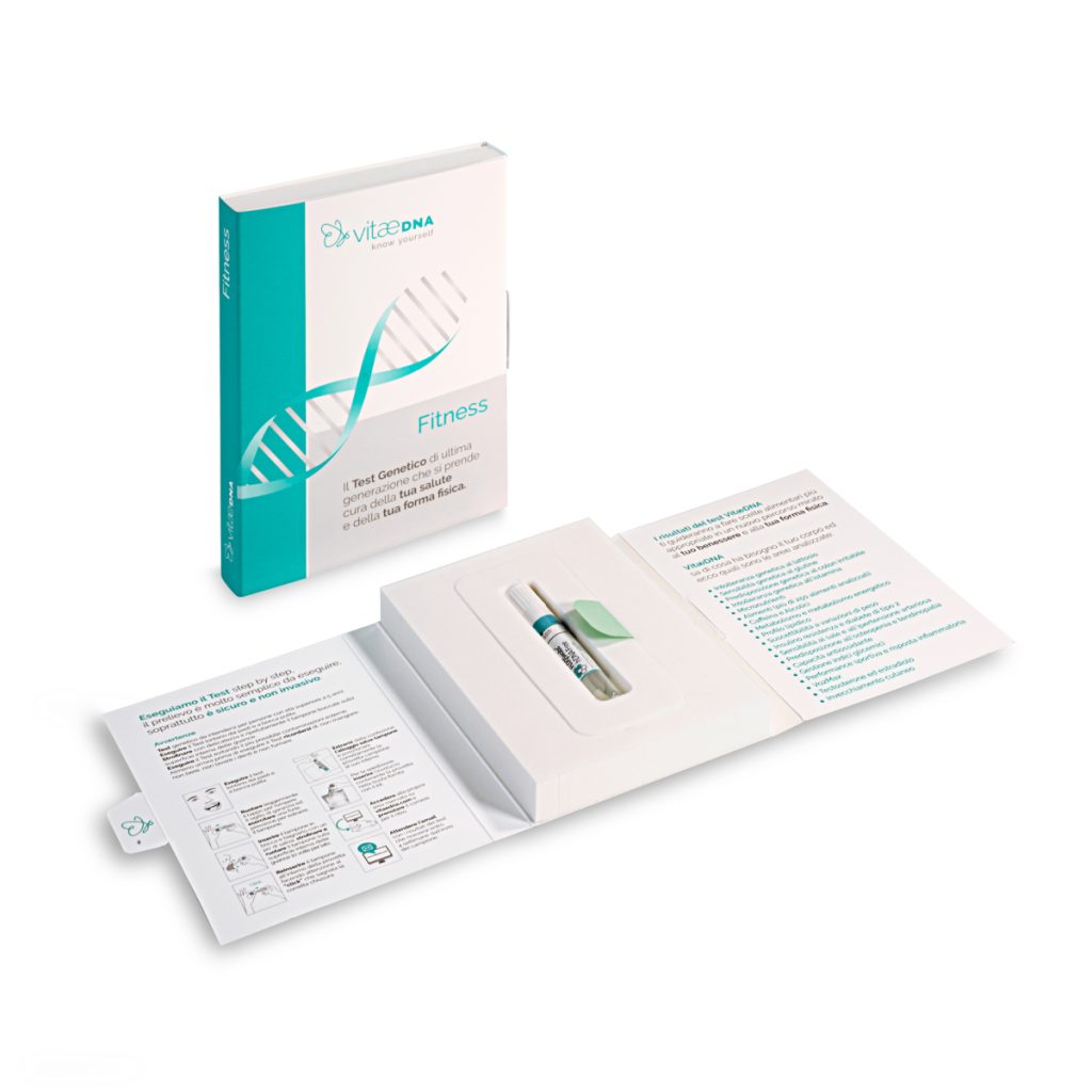Kit di test genetico per salute e fitness VitaeDNA, confezione aperta con manuale e campionatore visibili.