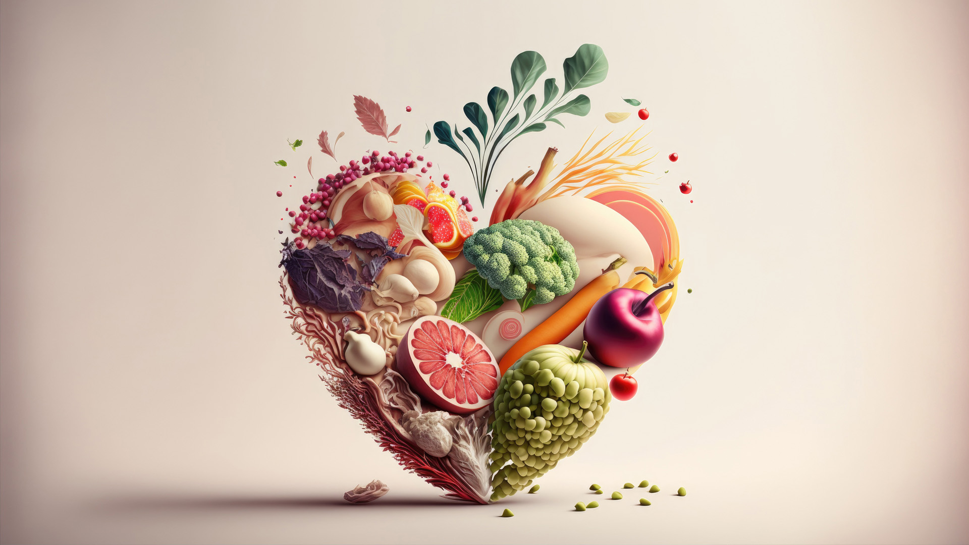 Cuore composto da vari ortaggi e frutta su sfondo beige, simbolo di una dieta sana e nutriente.