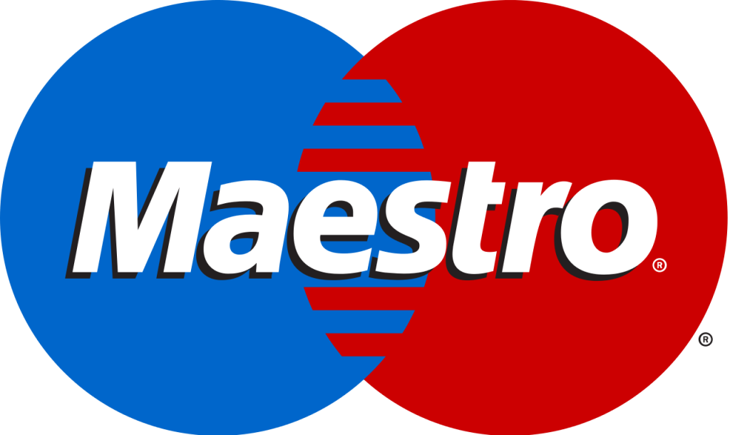 Logo Maestro, cerchi sovrapposti blu e rosso con scritta bianca centrale. Rappresenta il servizio di pagamento.