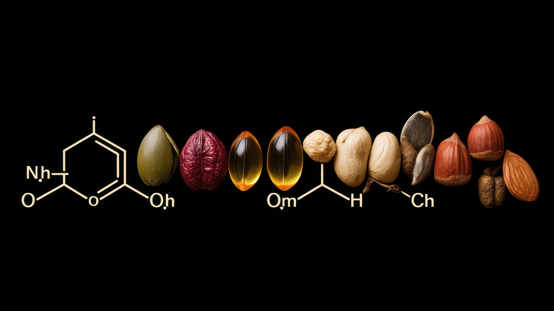 Varietà di semi e capsule di olio disposti su sfondo nero con formule chimiche sovrapposte per simulare i grassi insaturi